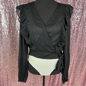 AOS Black Ruffle Faux Wrap Long Sleeve Blouse NWT Goth Boho Cottagecore Medium
